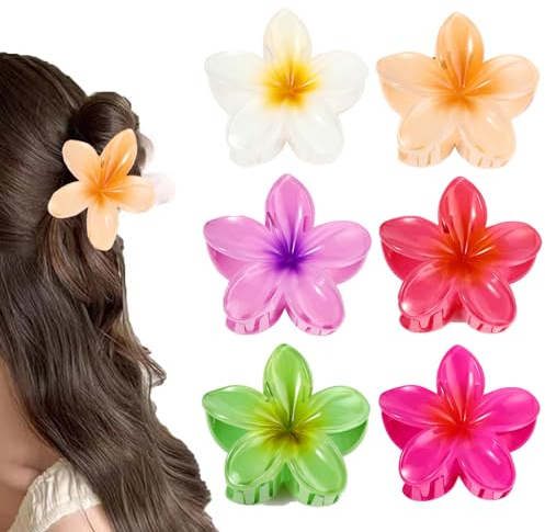 GFORI 6 Stück Hawaii Blumen-Haarklammern, 8 cm große Plumeria Blumenklammer, dünnes, dickes, lockiges Haar für Damen, starke, Rutschfeste Hibiskus-Haarspange, Strand-Haar-Accessoires für Frauen(neu)