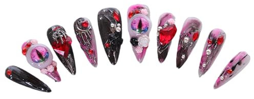 PN-033 Press-On Nails Lacquered Pack of 10 Reusable Artificial Premium Nails Y2K Pastel Goth Eye Heart Red Crystal Stones Black Pink