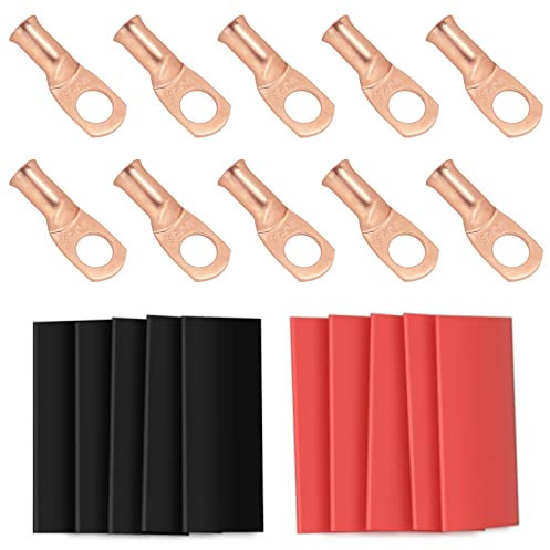 Tivorex 10pcs 1/0 AWG-3/8 (M10) Battery Lugs Heavy Duty Wire Lugs Ring Terminals 0 Gauge Battery Cable Ends/Terminal Connectors with 3:1 Heat Shrink Tubing