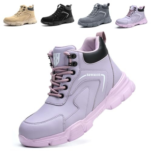 Impermeabile Scarpe Antinfortunistiche Alte Uomo Donna Leggere Scarponi Antinfortunistiche Stivaletti da Lavoro con Punta in Acciaio Viola 38 EU