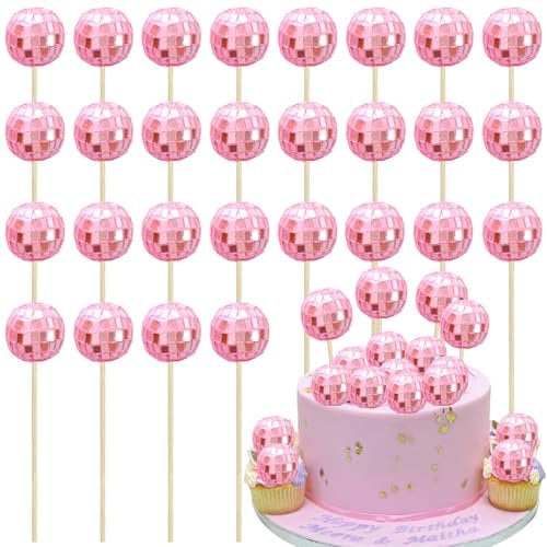 Ephlyn 24Pcs Pink Disco Ball Cupcake Toppers Disco Ball Cupcake Picks Reflective Mirror Ball Cake Toppers Disco Table Decorations for 70s Disco Theme Birthday Party Christmas Decorations