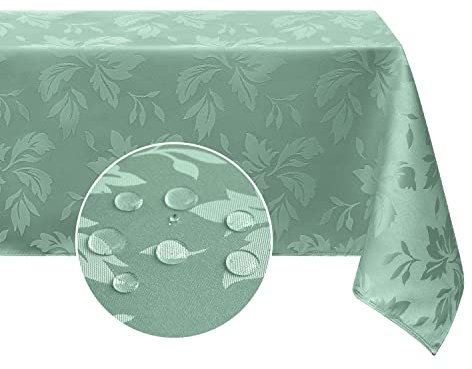 Romanstile Tischdecke abwaschbar 140 x 180 cm Mint Grün Frühling rechteckig Luxuriös Blätter Damast Muster wasserabweisend Tischtuch Table Cloth für Geburtstag,Ostern,Spring,Outdoor,Garten,Balkon