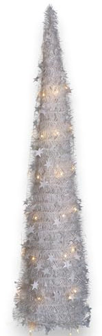 Generico Albero di Natale Artificiale Slim Richiudibile Pop-UP 90 cm TINSEL con Luci Led per esterno incluse Base a Croce in Metallo Decorazioni Natalizie Ø 33 cm conico (120 cm - 60 led)