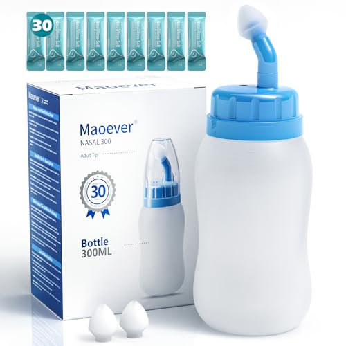 MAOEVER Neti Pot - Botella de enjuague sinusal, limpiador de nariz, enjuague a presión, riego nasal para adultos y niños, sin BPA, 300 ml con 30 paquetes de sal de lavado nasal y termómetro adhesivo