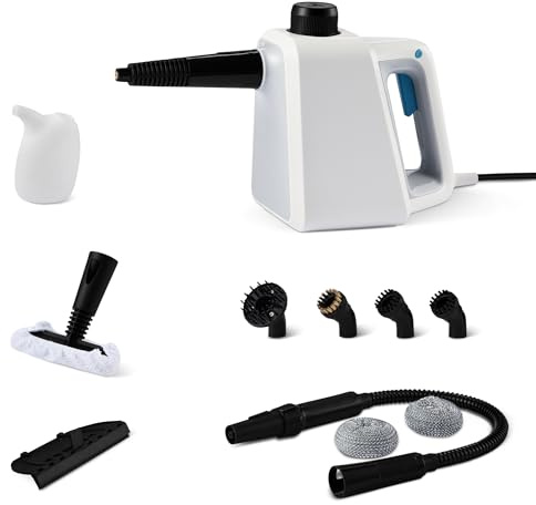 Amazon Basics Handdampfreiniger, 1000W, 250-ml-Tank, 9 Zubehörteile, 3,6-m-Kabel, für Bad, Küche, Auto, Weiß