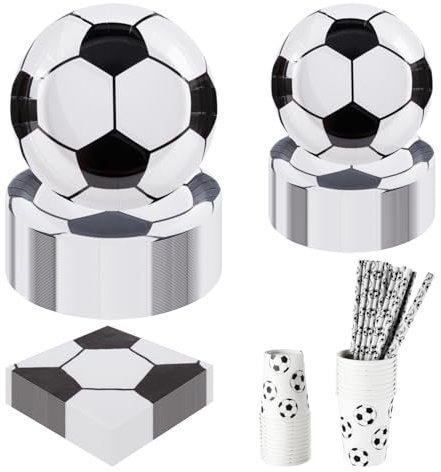 CEILIWEN Set de Décoration Fête Football 125 Pièces-25 Assiettes Jetables Premium (23 cm & 18 cm), Verres, Serviettes, Pailles - Décoration Complète pour Coupe du Monde à Thème Sportif