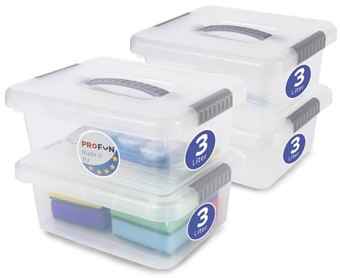 PROFUN Aufbewahrungsbox mit Deckel 3 L – Klein Plastikbox mit Deckel – Stapelboxen – Kisten & Boxen Aufbewahrung Aufbewahrungsbehälter mit Deckel 4-er Set