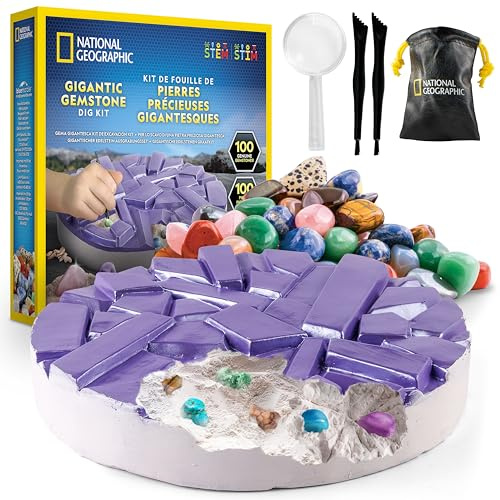 National Geographic Gigantic Gemstone Dig Kit – Excavate 100 Real Gems from a Giant Dig Brick, Gem Mining Kit for Kids, STEM Rock Collection Activity, Includes Tools & Learning Guide