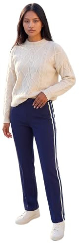Roman Side Stripe Ponte Trouser for Women UK Ladies Autumn Everyday Winter Holiday Straight Leg Comfy Elastic Waist Soft Full Length Bottoms Office Desk Pants