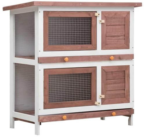 Kaninchenstall mit 4 Abschließbaren Türen und Ausziehbare Tabletts, Kleintierhaus, Hasenstall für Kaninchen, Meerschweinchen, 90x45x90 cm Braun Holz
