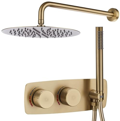 Sailainuo Brushed Gold Brass Shower Concealed Mixer 12 Inch Shower Head Set