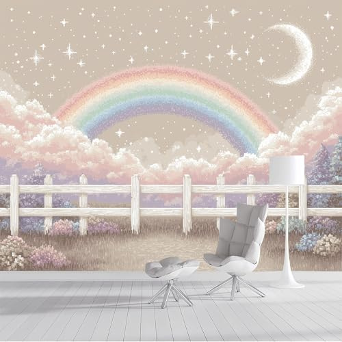 Fototapeten Zaun Wolken Regenbogen 400x280cm, Niedlich Und Verträumt Seidee Seide Tapete, Moderne Wandtapete Dekoration Für Kinderzimmer Babyzimmer