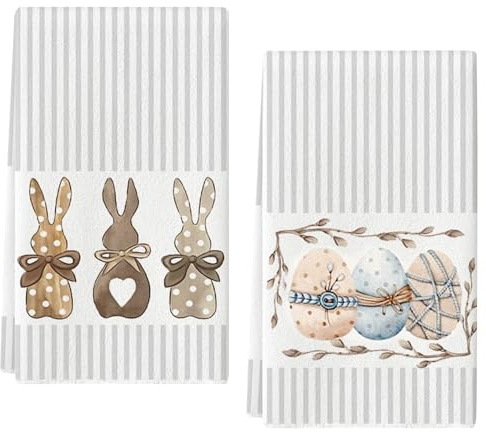 Ekukeon Hasen Ostereier Ostern Küchentücher 2er Set,Geschirrtücher süße Osterhasen,Küchenhandtücher,Kaninchen Dekoration Handtücher,Trockentuch für Frühling & Ostern,40 x 60 cm