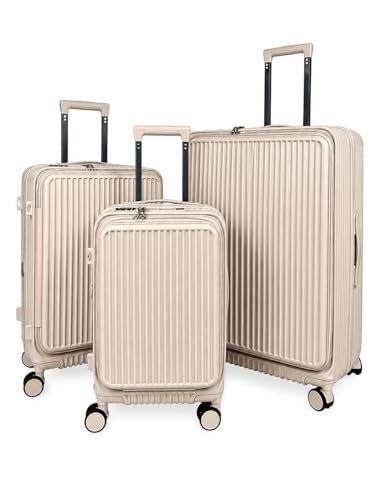 Vuelto Set de 3 Valises Rigides – Cabine 55 cm + Moyenne 65 cm + Grande 76 cm – Bagages en ABS Extensibles, Serrure TSA, Port USB, Porte-Gobelet, Compartiment Ordinateur, 4 Roues Doubles 360 Rose