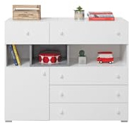 Masseno Kommode Galia 110 cm Sideboard mit 5 Schubladen und 1 Türen für Wohnzimmer Schlafzimmer Modern 110x40x90 cm Weiß/Weiß