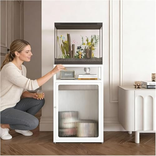 DUY Armadietto per acquario bianco, con contenitore, base moderna per acquario con porta in vetro, supporto in legno per terrario per casa, serbatoio non incluso (bianco, 400 x 400 mm)