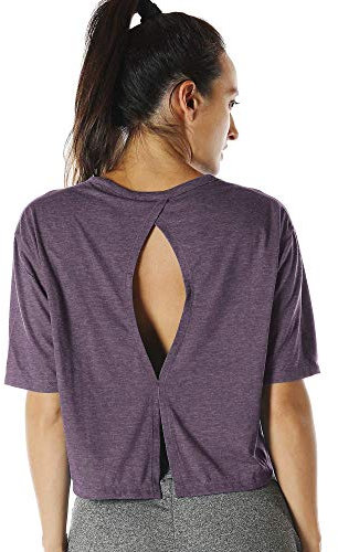 icyzone Sport T-Shirt Damen Fitness Kurzarm Shirt Rückenfrei Yoga Crop Top Oberteile Loose Fit (S, Plum Purple)