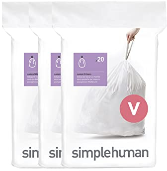 simplehuman CW0408 code V Custom Fit Bin Liner Bulk Pack, White Plastic (3 Pack of 20, Total 60 Liners)