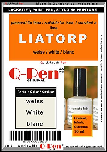 Q-Pen Original 10ml Ausbesserungslack für Ikea LIATORP weiße Möbel, seidenmatt, deckt Kratzer und Spuren ab, für Schränke, Regale, Tische, TV-Möbel, integrierter Pinsel für einfache Anwendung