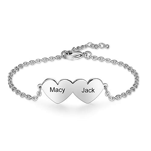 Lam Hub Fong Armband Frauen mit 2~5 Herzanhänger Personalisierte Damen Fußkettchen mit Namen Graviertes Armband Verstellbares Geschenk für BFF Mädchen Dame Frau Mama (2 Herzanhänger)