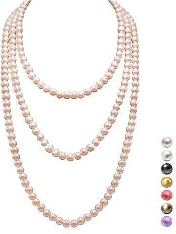 Halukakah 1920er Jahre Lange Perlenhalskette für Frauen - Exquisite Natürliche Zuchtperlen - Luxuriöser 8mm Strang mit Zeitloser Eleganz - Champagner-Gold Länge 150cm - Perfekt für Besondere Anlässe