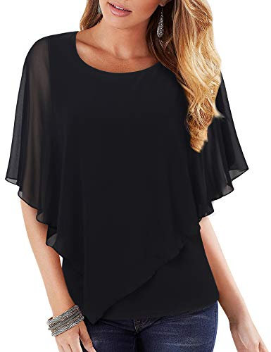 Vafoly Damen Bluse Sommer Kurzarm Dressy Tops für Abendgarderobe Damen Elegante Shirts Mode 2022 Layered Poncho Tops für Leggings Unregelmäßiger Saum Chiffon Shirt Tops Einfarbig Schwarz M