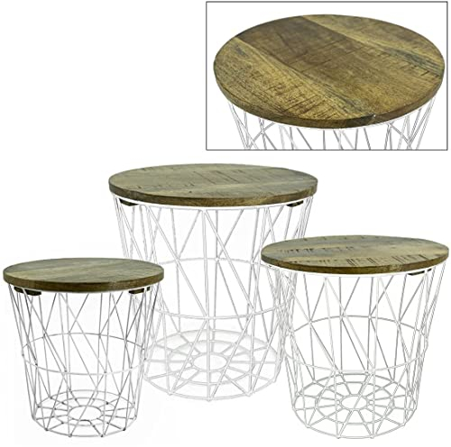 Bada Bing 3er Set Metall Korb weiß Beistelltisch Metallkorb hochwertig Mango Holz Couchtisch edel Kaffeetisch Wohnzimmertisch Modern Industrial Rund Design Couch Deko Tisch Aufbewahrungskorb 28