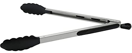 Fackelmann Mehrzweck-Küchenzange, PBT-Länge 35 cm, hitzebeständig bis 220 °C, antihaftbeschichtet, Kochgeschirr-sicher, Verriegelungsmechanismus, spülmaschinenfest, Silber und Schwarz