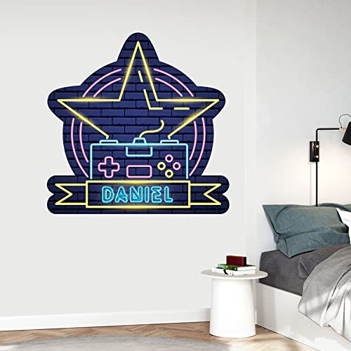 Gaming Wall Sticker - Personalised Name Neon Star Controller Wall Decal Art (60cm Width x 60cm Height)