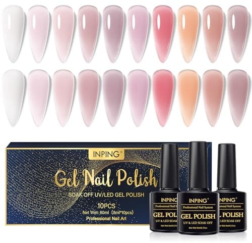 INPING Milky Jelly Gel Nail Polish, 10 Colors Transparent Nude Pink Sheer White Pearl Cream Natural Brown Nail Varnish Set Soak Off UV/LED for Women Home Nail Art Salon French Manicure Design