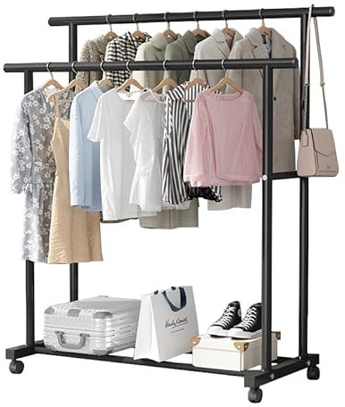 U.Uberlux 120cm Kleiderständer mit Rollen und zwei Stangen, Kleiderstange, Garderobenständer, Wäscheständer, Schlafzimmer, mit Ablage für Schuhe, bis zu 120kg belastbar