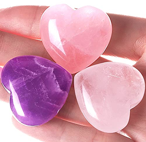 XIANNVXI 1.2 Herzsteine Amethyst Stein Rosenquarz Klarer Quarz Heilkristalle Herz Hatürliche Steine Großes Edelsteine Set 3PC