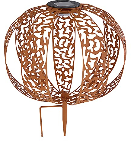 GLOBO LED Solarleuchte rost Solarkugel Rostoptik für Außen Solardeko für Außen Garten, mit orientalischen Lichteffekt und Erdspieß, 1x LED warmweiß, 30 cm