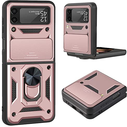 HAOYE Cover per Samsung Galaxy Z Flip 3 (Z Flip3) 5G con Girevole Anello, Custodia con Copertura della Fotocamera Scorrevole, Silicone TPU e PC Protettiva Bumper. Oro rosa