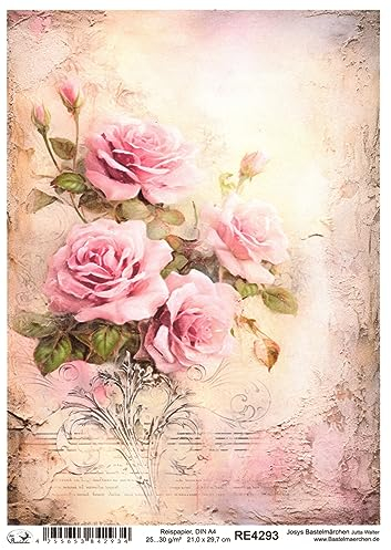 Josys Bastelmärchen Reispapier A4 Strohseide Vintage Scrapbooking Blumen rosa Rosen Shabby RE4293
