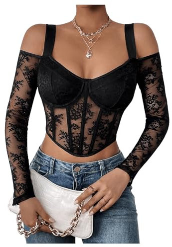 GORGLITTER Women's Cold Shoulder Lace Corset Crop Tops Long Sleeve Sexy Bustier Skinny Party Going Out Top Black S