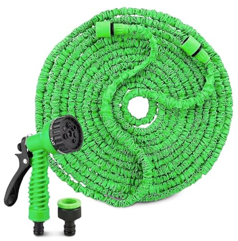 TIENDA EURASIA – Manguera Extensible | Latex + Poliester | Manguera Jardin | 7 Opciones de Riego | Color Verde | Extensible con la Presión del Agua | con Pistola, Conectores y Adaptadores (15 metros)