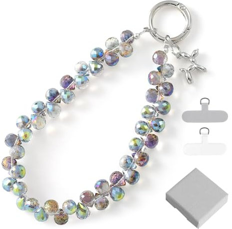 BelleVive Pulsera de cristal para teléfono móvil, colgante de teléfono móvil, llavero, correa de perlas para teléfono móvil, con pestaña de sujeción, manos libres, correa de muñeca para mujer, color