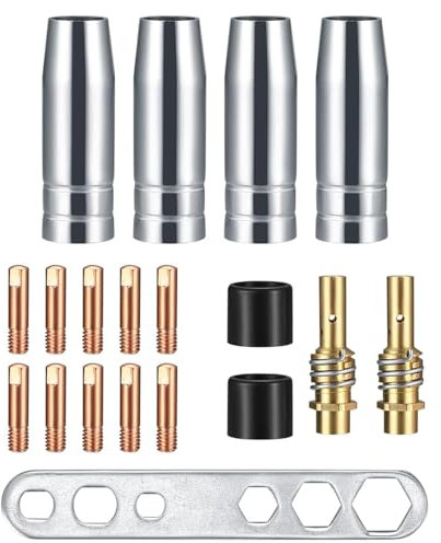19 Stück Verschleißteile Set, Schutzgasschweißgerät Zubehör, Schweißzubehör passend AK-15/MB-15, 4 x Gasdüsen, 10 x Powerdüsen M6 0,8 mm, 2 x Düsenstiel, 2 x Isolatoren, 1 x Schraubenschlüssel