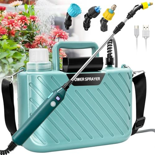 Kevsuvqin Pompa Irroratrice a Batteria 5V/2400mAh, Pompa a Spalla a Batteria 5L, Spruzzino Nebulizzatore Piante con 3 Ugelli e Tubi da 5M, Spruzzino Nebulizzatore a Batteria per Irrigazione e Diserbo