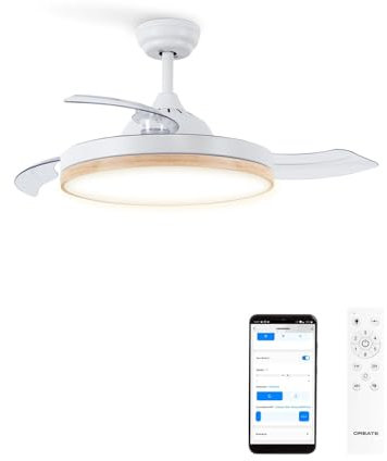 CREATE / WIND CLEAR M/Ventilador de techo con luz madera clara con mando y Wifi / 40W, Ø108 cm, temporizador, 6 velocidades, aspas retráctiles, 3 temperaturas de luz, función verano-invierno