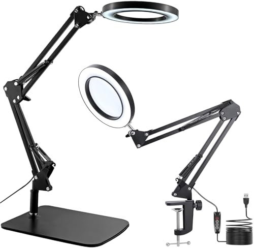 30x magnification, magnifying glass with 15 watt light, desk lamp with shelf and clip, 2 in 1 with magnifying glass, LED desk lamp, 3 color modes, 72 LED light beads, real close-up lens for close-ups,