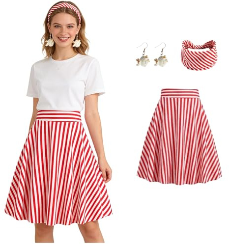 Popcorn Kostüm für Damen 3PC Set mit Rot-Weiß Gestreiftem Faltenrock, Popcorn Ohrringen & Haarreif, 1950er Jahre Retro Karneval Outfit für Fasching Zirkus-Party Cosplay-Events & Themenfeste