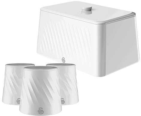 Swan Windsor Breadbin and Tea, Coffee, Sugar Canister Set, White, Glossy Textured Finish, Contemporary Matching Kitchen Storage Set