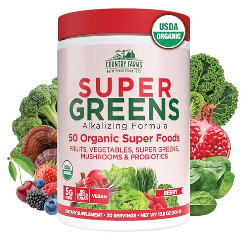 Country Farms Organic Super Greens Berry Flavor, 50 Organic Super Foods, Packed with Fiber, USDA Organic Drink Mix, Fruits, Vegetables, Mushrooms & Probiotics, Supports Energy, 5g Fiber