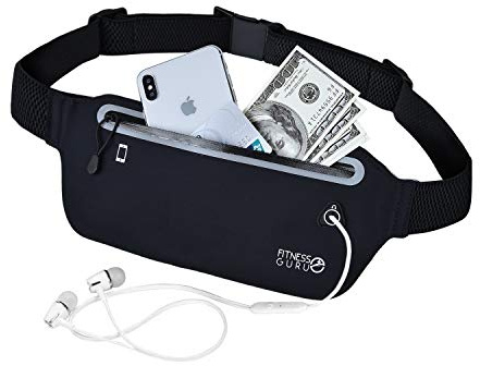 KING OF FLASH Fitness Guru Running Belt - Cycling Pack, Exercise Belt, Workout Belt - Adjustable Waist Bum Bag Belt Waterproof Single Zipper Pouch with Soft Elastic Strap- Black (Waist Bag)