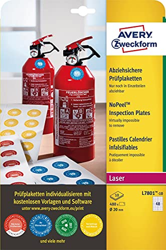 AVERY Zweckform L7801-10 Prüfplaketten bedruckbar (Ø 20 mm auf DIN A4, selbstklebend, abziehsichere, manipulationsichere Dokumentenfolie, Prüfetiketten, blanko) 480 Aufkleber auf 10 Blatt weiß