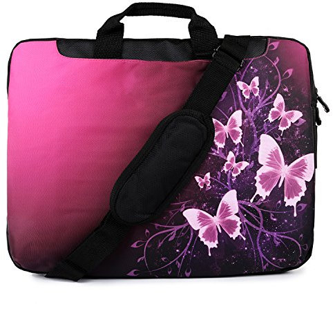 TaylorHe 15.6 inch 15 inch 16 inch Hard Wearing Nylon Laptop Carry Case Colourful Laptop Shoulder Bag with Patterns, Side Pockets Handles and Detachable Strap Pink Butterflies