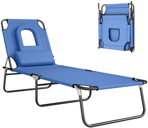Outsunny Folding Sun Lounger with Face Hole, 4-Position Adjustable Backrest Garden Recliner Chair Sunbed, Outdoor Lounge Chair with 600 D Oxford Cloth Seat, Pillow for Beach, Blue
