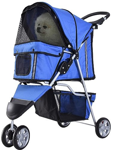 PawHut Dog Stroller, 3 Wheels Foldable Cat Dog Pram with Cup Holder, Storage Basket, Pet Stroller for Small Miniature Dogs, Blue